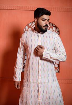 White ikat Mens Kurta Pajamas Set 2