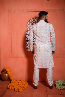 White ikat Mens Kurta Pajamas Set 3