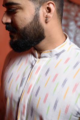 White ikat Mens Kurta Pajamas Set 4