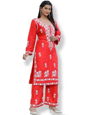 women's rayon lucknowi chikankari work straight kurta palazzo set for women 1