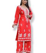 women's rayon lucknowi chikankari work straight kurta palazzo set for women