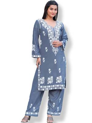 Women's Grey Rayon Chikankari Kurti Set 1