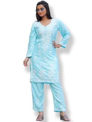 women's rayon lucknowi chikankari work straight kurta palazzo set for women 1