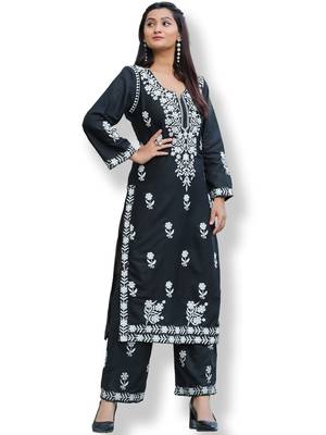 Black Embroidered Straight Chikankari Kurti with Rayon Palazzo - Stitched 2