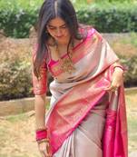 Cream woven banarasi cotton silk saree with blouse piece