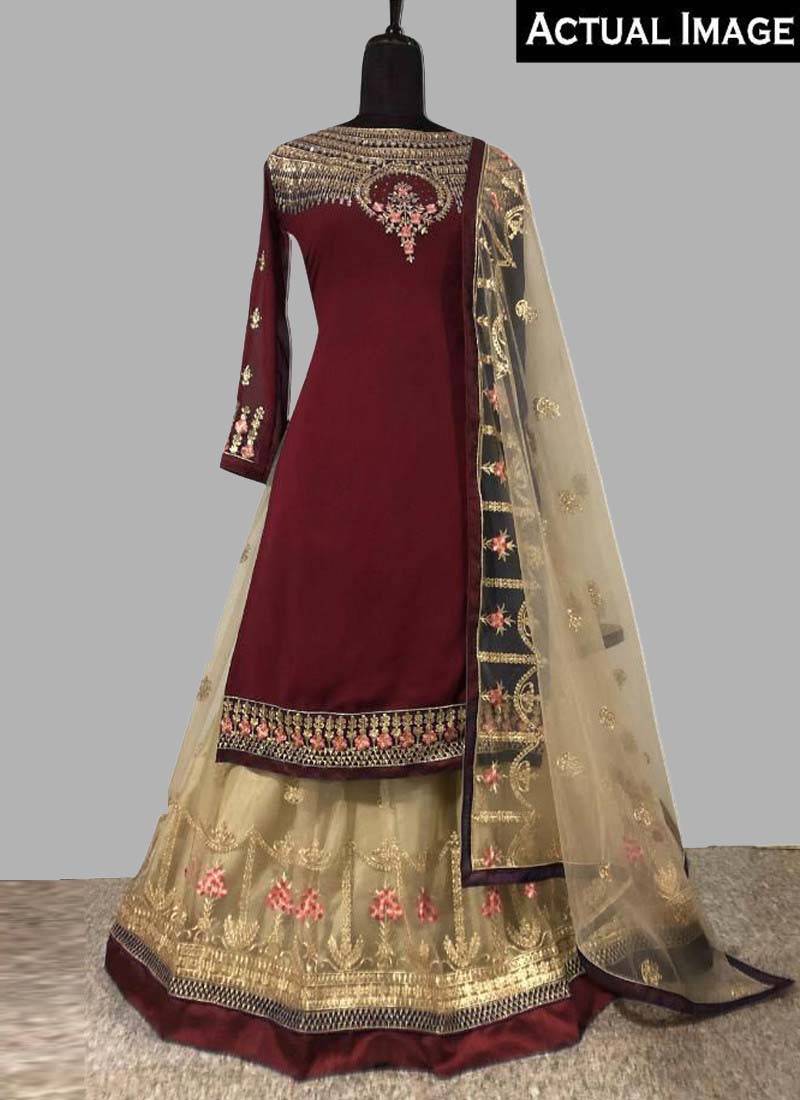 Maroon Georgette Butterfly Net Ghaghara Style Salwar Suit