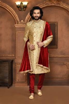 Wedding wear beige color art silk sherwani 1