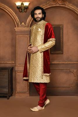 Wedding wear beige color art silk sherwani 2