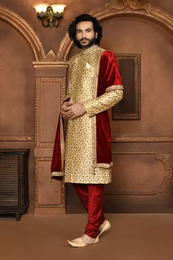 Wedding wear beige color art silk sherwani
