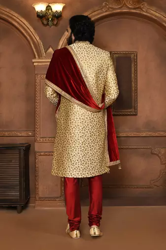 Wedding wear beige color art silk sherwani