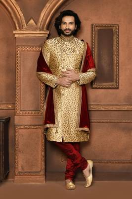 Wedding wear beige color art silk sherwani 4