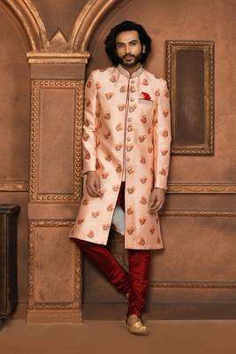 Wedding wear peach color art silk sherwani 2