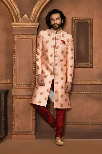 Wedding wear peach color art silk sherwani