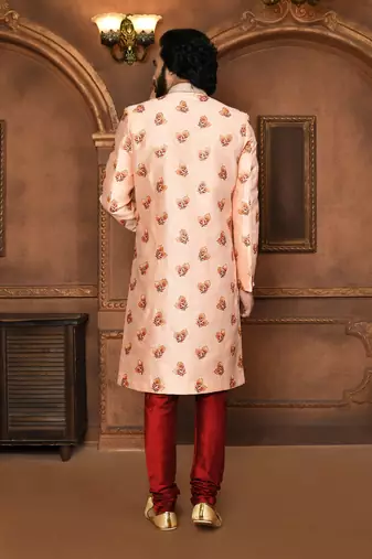 Wedding wear peach color art silk sherwani