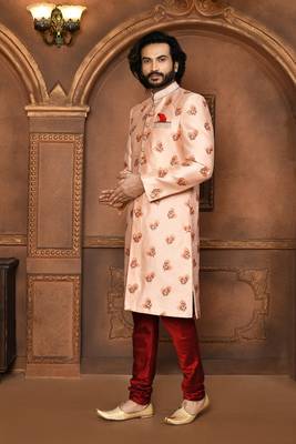 Wedding wear peach color art silk sherwani 4