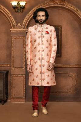Wedding wear peach color art silk sherwani 1