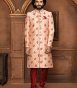 Wedding wear peach color art silk sherwani