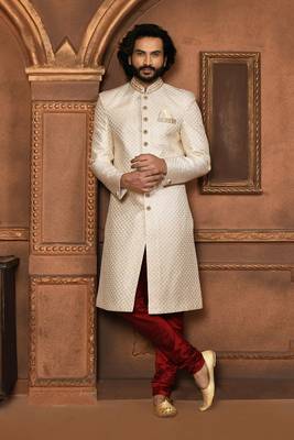 Wedding wear off white color art silk sherwani 2