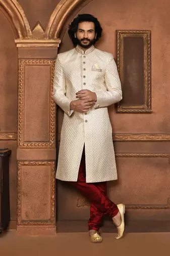 Wedding wear off white color art silk sherwani