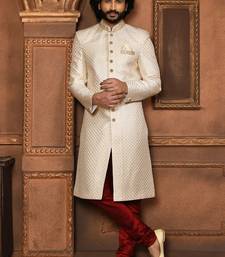 Wedding wear off white color art silk sherwani