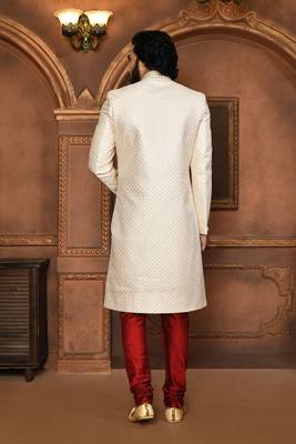 Wedding wear off white color art silk sherwani 3