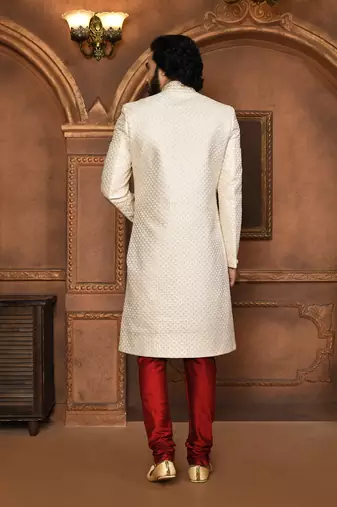 Wedding wear off white color art silk sherwani