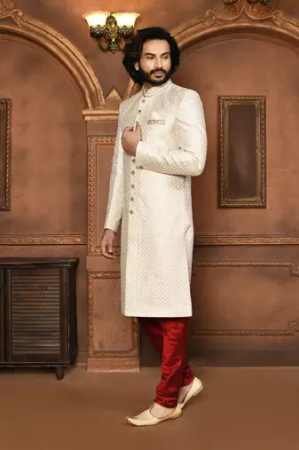 Wedding wear off white color art silk sherwani