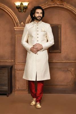 Wedding wear off white color art silk sherwani 1