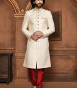 Wedding wear off white color art silk sherwani