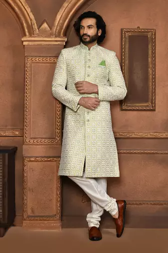 Wedding wear pastel color art silk sherwani