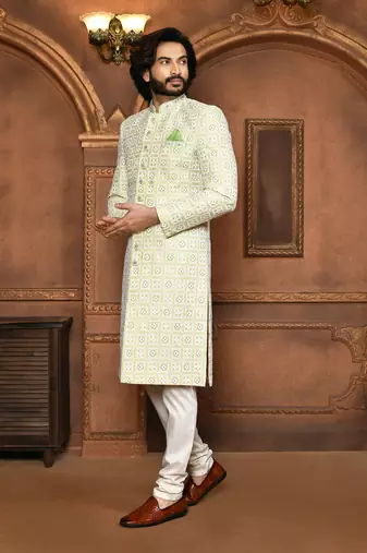 Wedding wear pastel color art silk sherwani