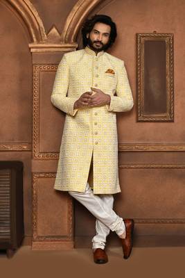 Wedding wear yellow color art silk sherwani 2