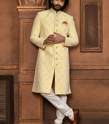 Wedding wear yellow color art silk sherwani