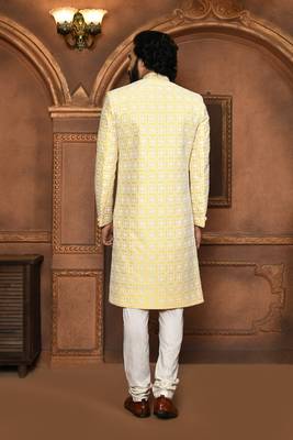 Wedding wear yellow color art silk sherwani 3