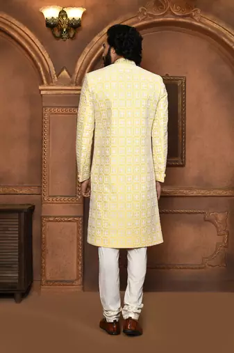 Wedding wear yellow color art silk sherwani