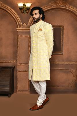Wedding wear yellow color art silk sherwani 4