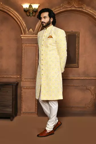 Wedding wear yellow color art silk sherwani