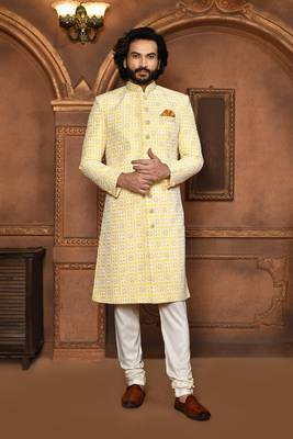 Wedding wear yellow color art silk sherwani 1