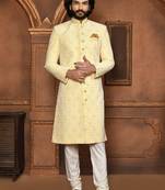 Wedding wear yellow color art silk sherwani