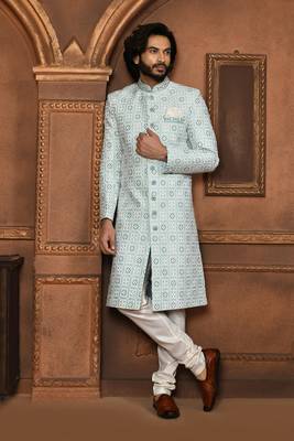 Wedding wear firoza color art silk sherwani 2