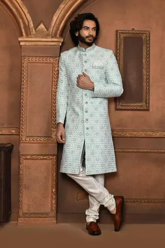 Wedding wear firoza color art silk sherwani