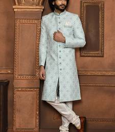 Wedding wear firoza color art silk sherwani