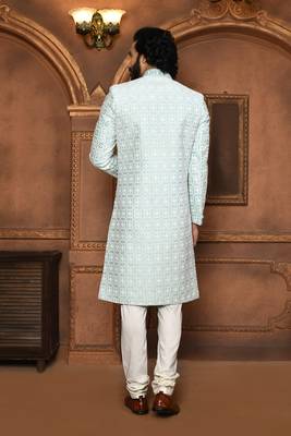 Wedding wear firoza color art silk sherwani 3