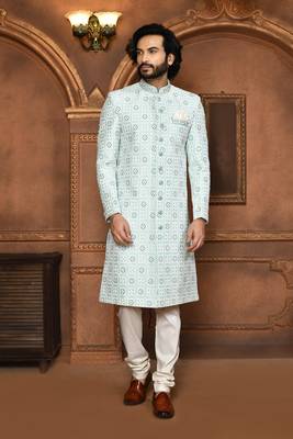 Wedding wear firoza color art silk sherwani 1