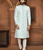Wedding wear firoza color art silk sherwani
