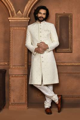 Wedding wear off white color art silk sherwani 2