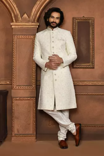 Wedding wear off white color art silk sherwani