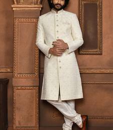 Wedding wear off white color art silk sherwani