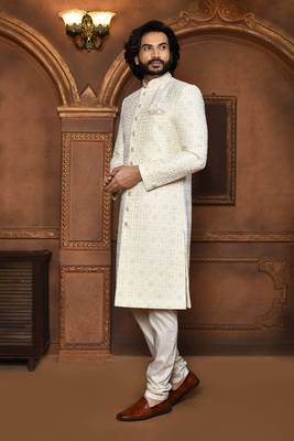 Wedding wear off white color art silk sherwani 4