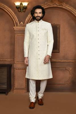 Wedding wear off white color art silk sherwani 1